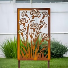 Rusty Flower Garden Panel, Carnation Metal Yard Decor Stake