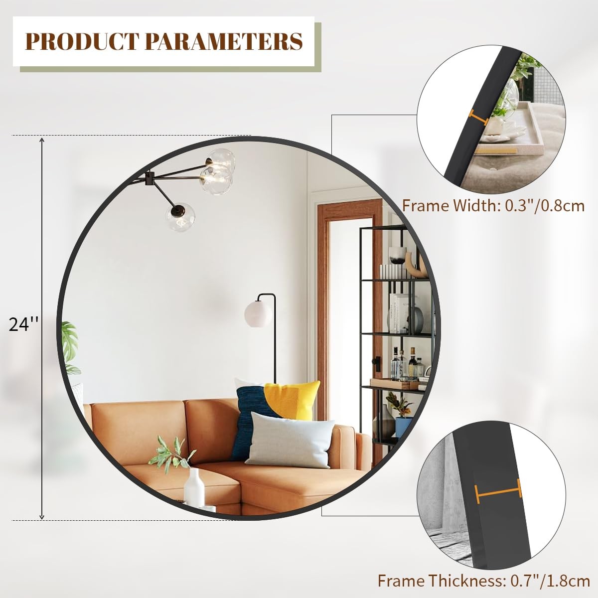 24 Inch Round Metal Frame Wall Mounted Circle Large Diameter Mirror for gallery