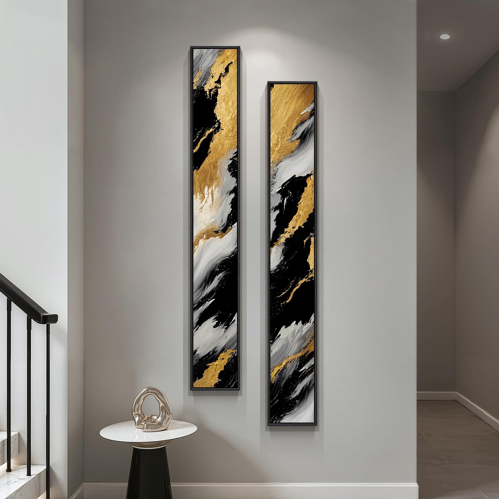 Framed Long Narrow Vertical Abstract Wall Art Set, 2 Piece Black White Gold L... gallery