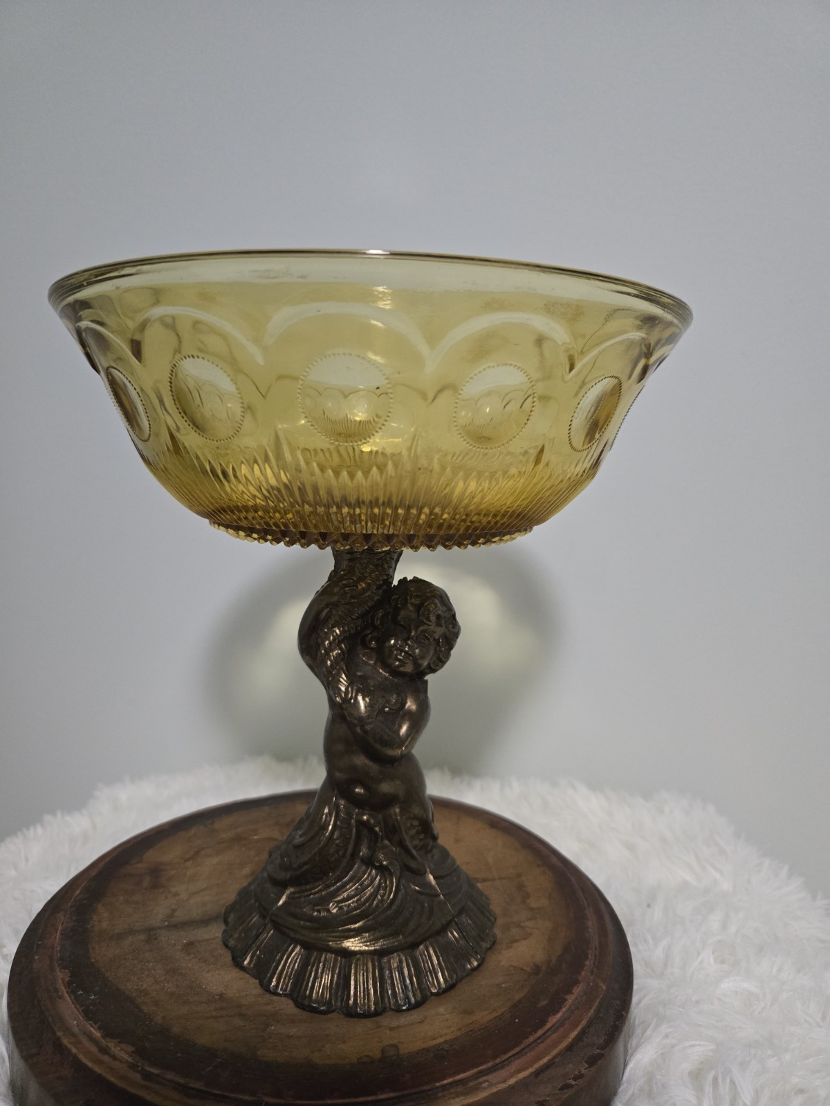 Antique Amber Pressed Glass Compote Pedestal Bowl Cherub Bronze Metal Base gallery
