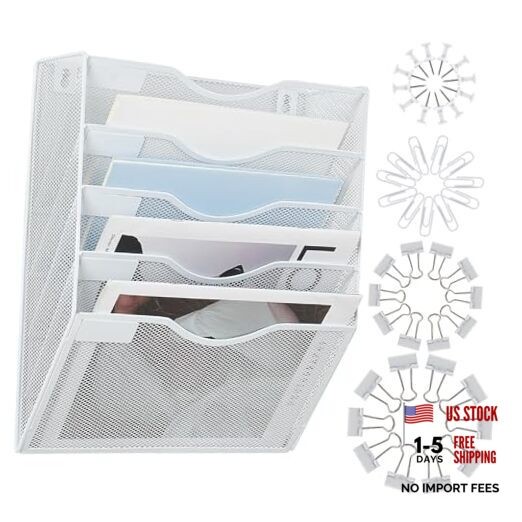 Hanging Wall File Organizer with Office Assorted, 5 Pockets Mesh Wall White gallery