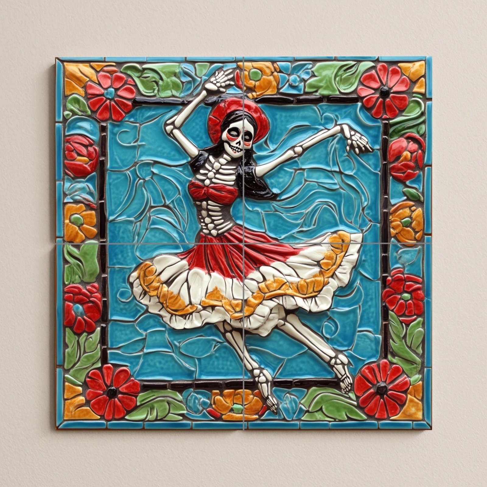 Dancing Calavera Ceramic Tile Mural Day of the Dead Mexican Wall Art gallery