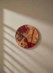 Handcrafted Wood Wall Clock Unique Rustic Decor Red Epoxy Designer hanging decor