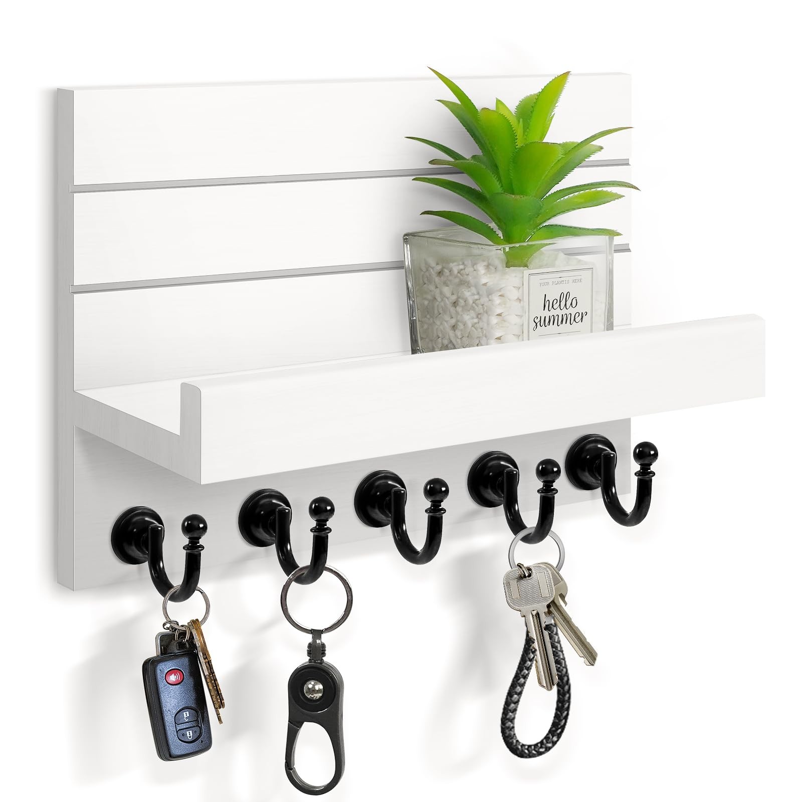 "Wall Mount Key Holder and Mail Organizer with 5 Hooks, White Wood" gallery