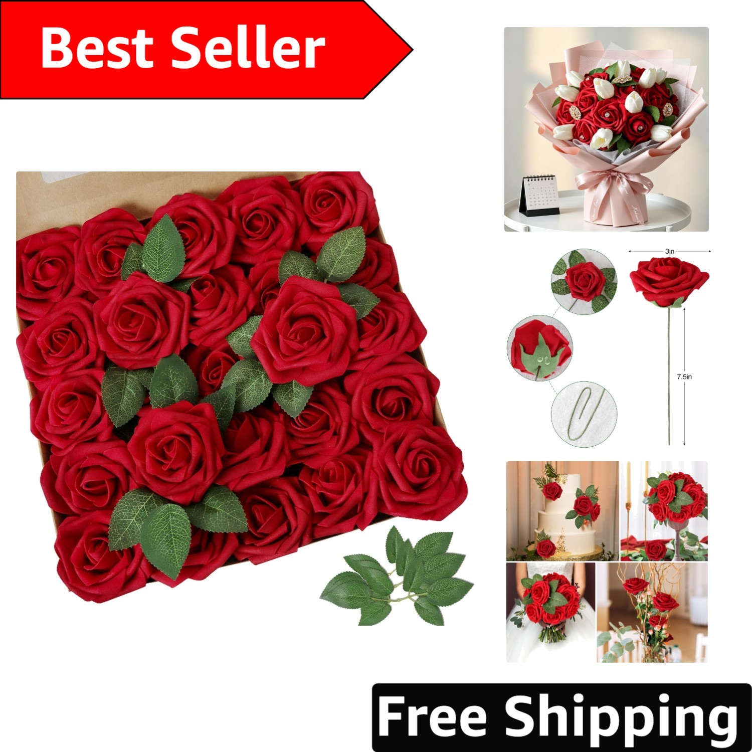 Versatile 100pcs Dark Red Foam Roses with Leaves - Perfect for Any Occasion gallery