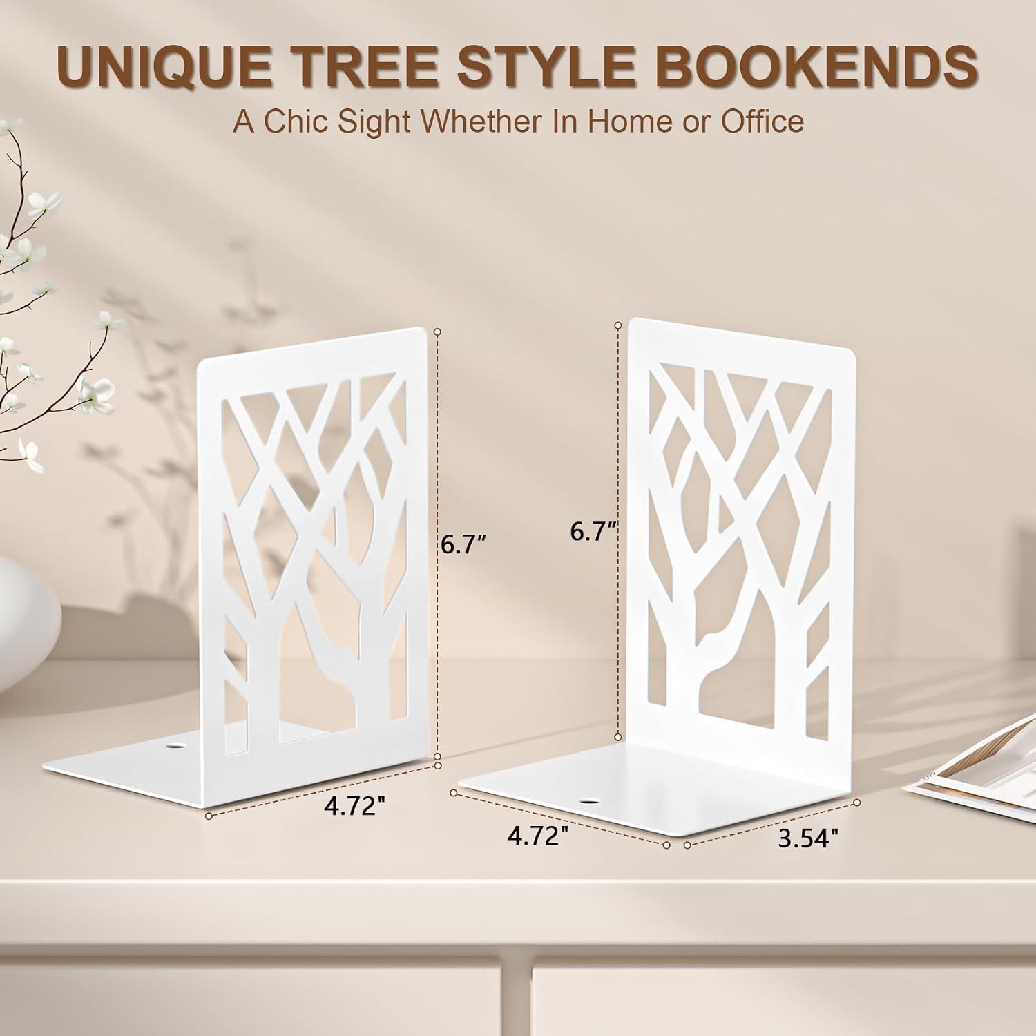 Withe Bookend 6-Piece, Tree Design Bookends for Shelves, Metal Book Ends for gallery