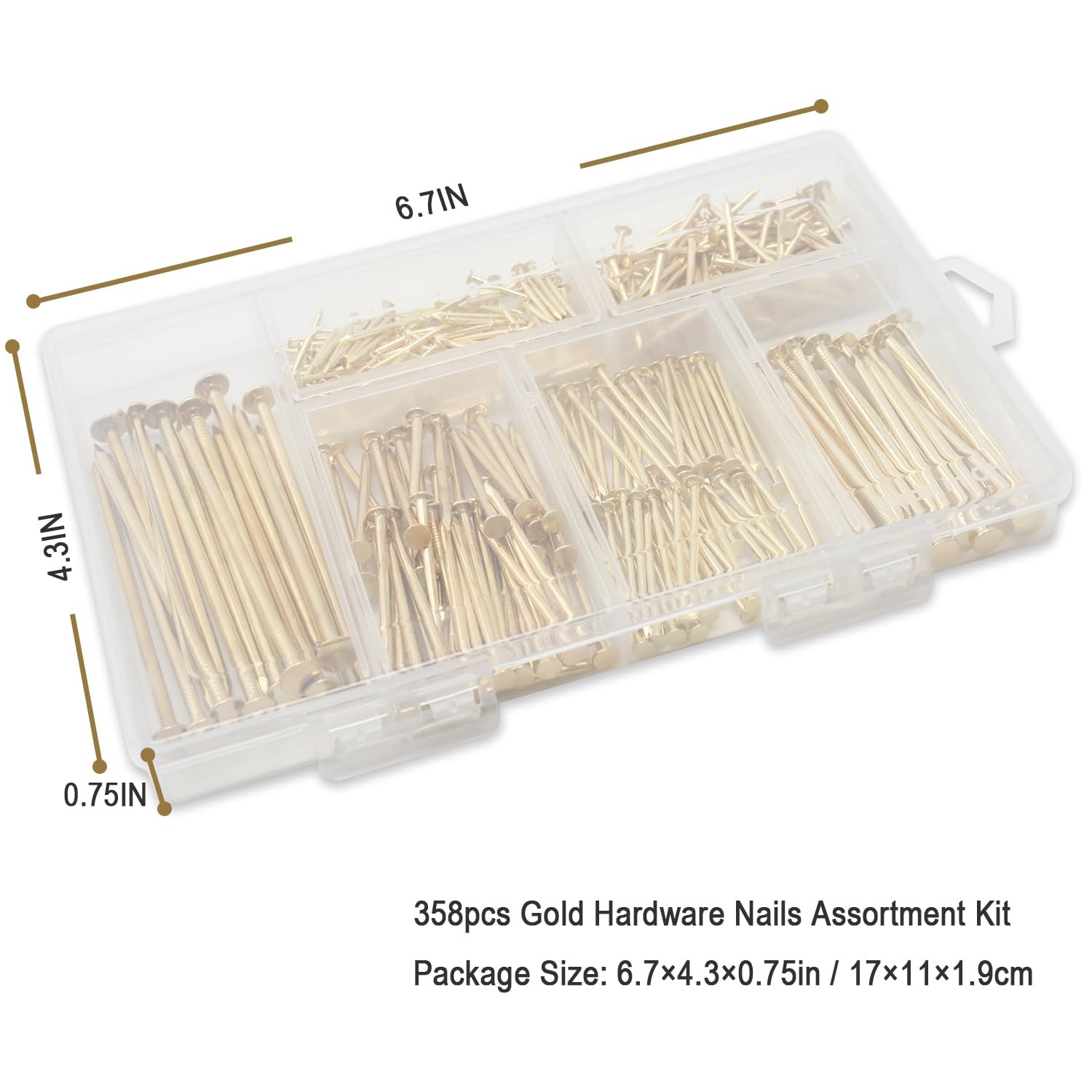 6 Sizes Gold Hardware Nails Assortment Kit, 358pcs, Brass Plated, Nails for gallery
