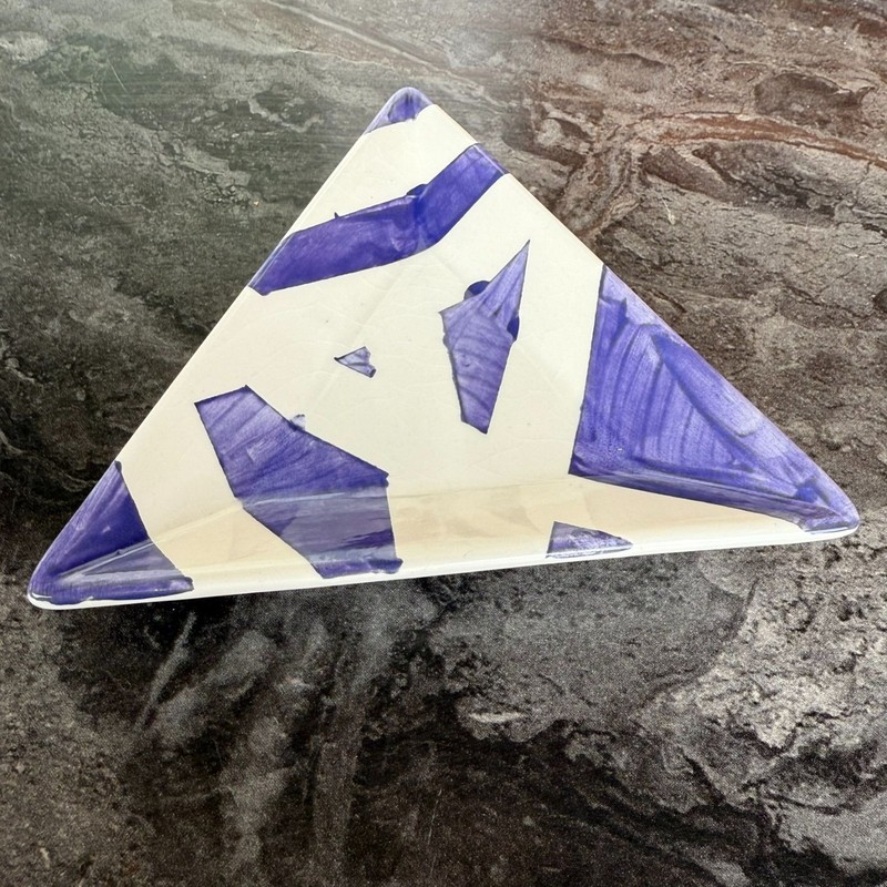 EBK 2014 Hand Painted Triangular Ceramic Dish Purple Abstract Design Signed gallery