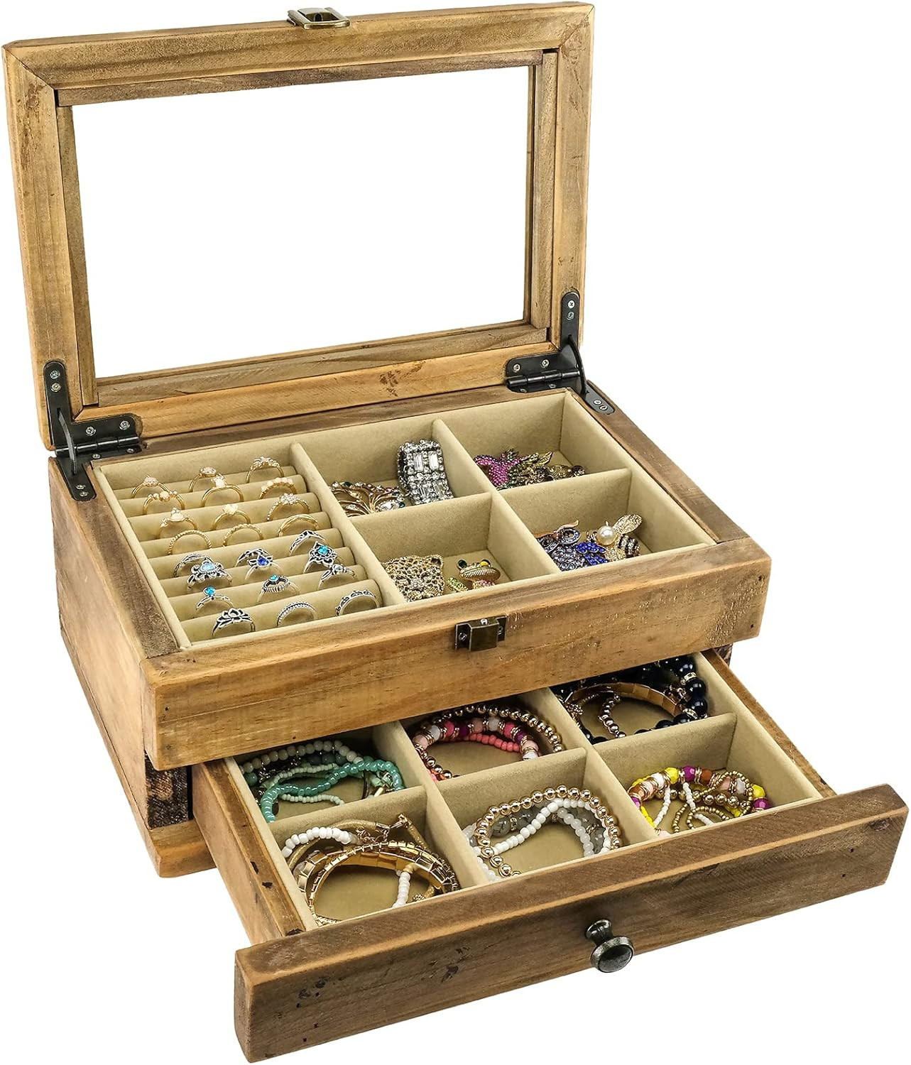 Jewelry Box: Farmhouse Solid Wood Rustic Distressed Jewelry Organizer. Includes gallery