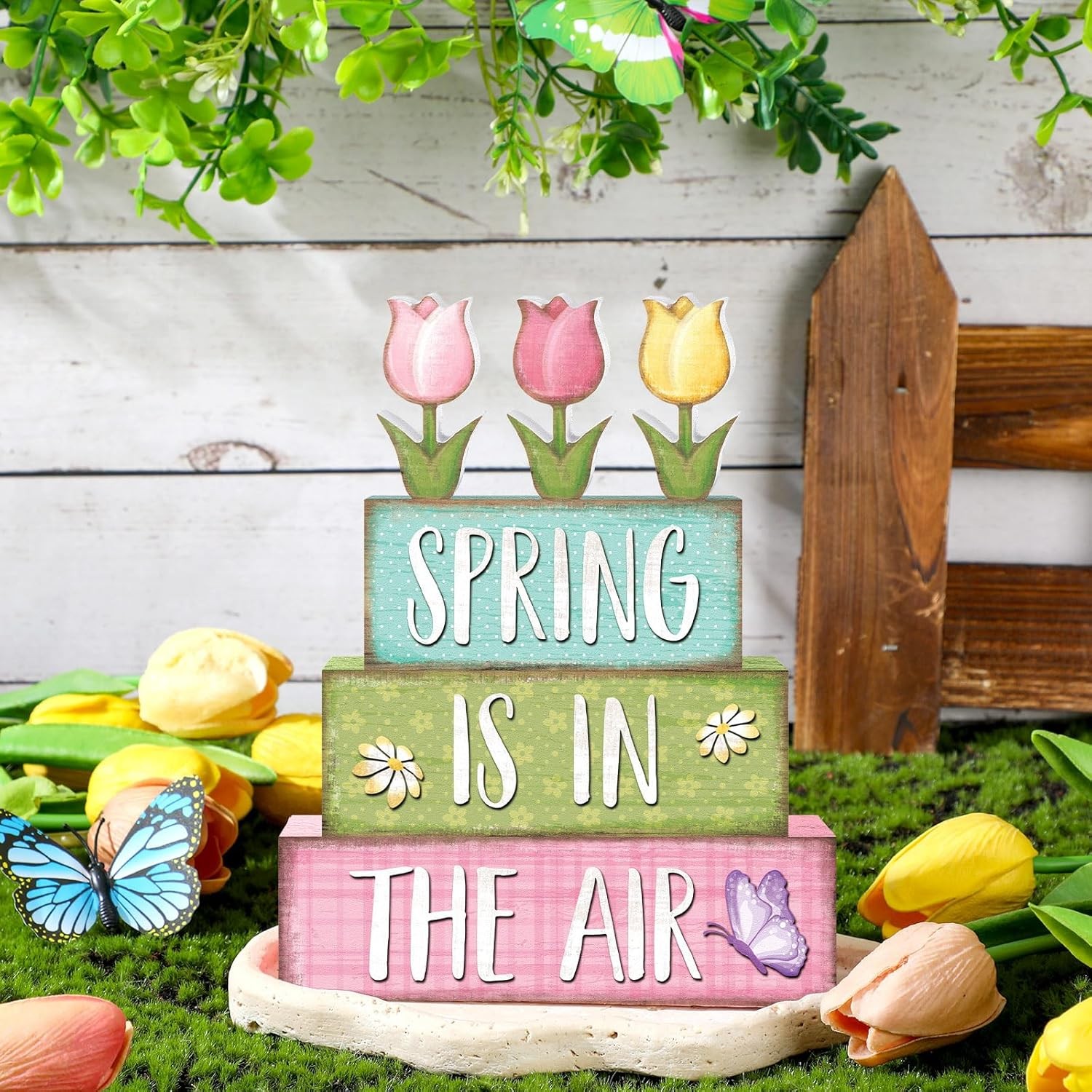 Marsui 4 Pcs Spring Table Decorations Tulip Flower Wooden Block Signs Pastel Tul gallery