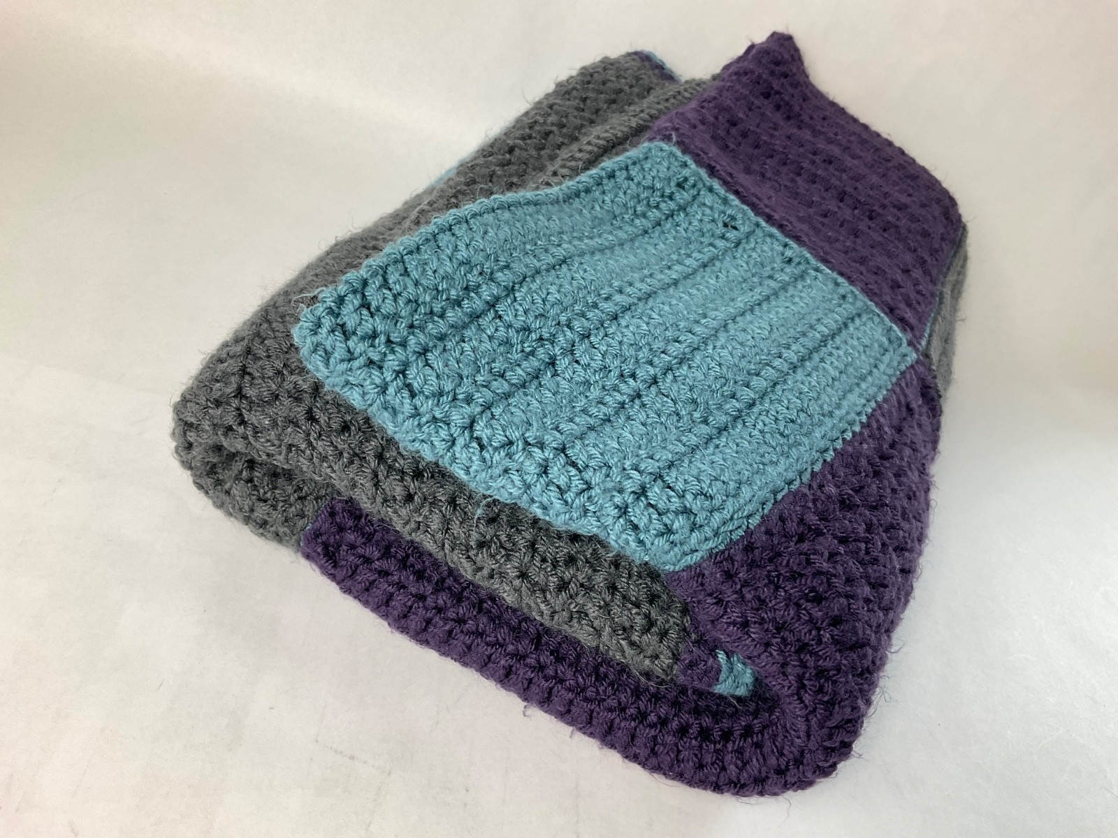 Hand Crochet Throw Blanket Heavy Weight Acrylic Blue Purple Gray EUC gallery