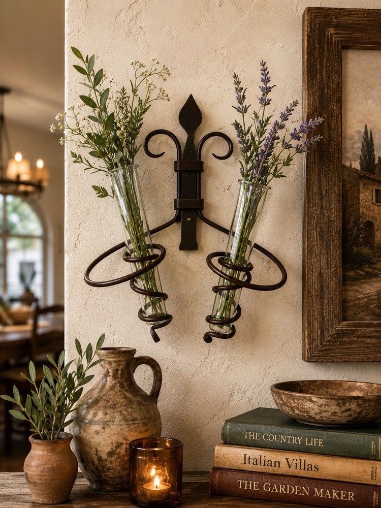 Rustic Wrought Iron Wall Vase Sconce Don Pell Metal Works Double Glass Holder