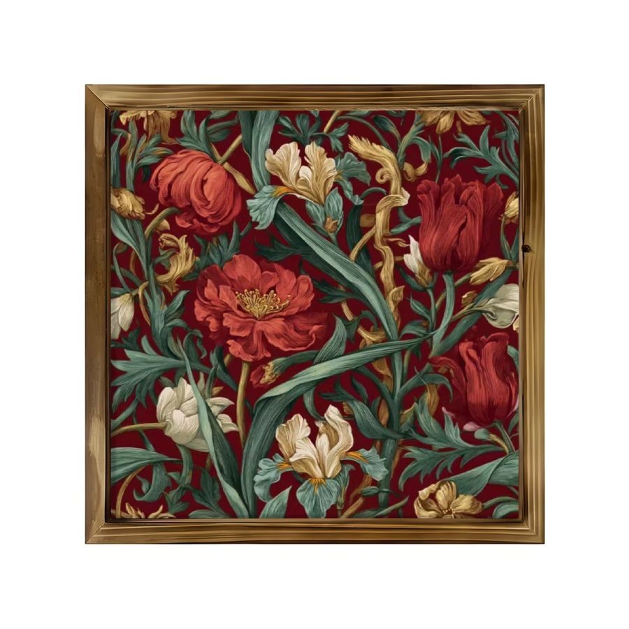 Vintage Red Floral Pattern Wooden Frame Sign Rich Red Green Botanical Wall Art gallery