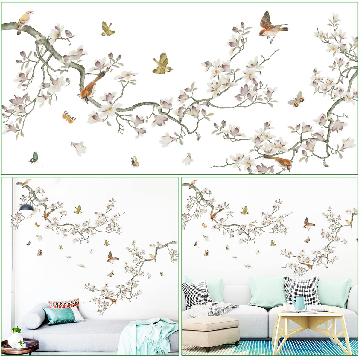 Removable 3D Two Curved Tree Branches Leaves With Colorful Flying Birds Wall ... gallery