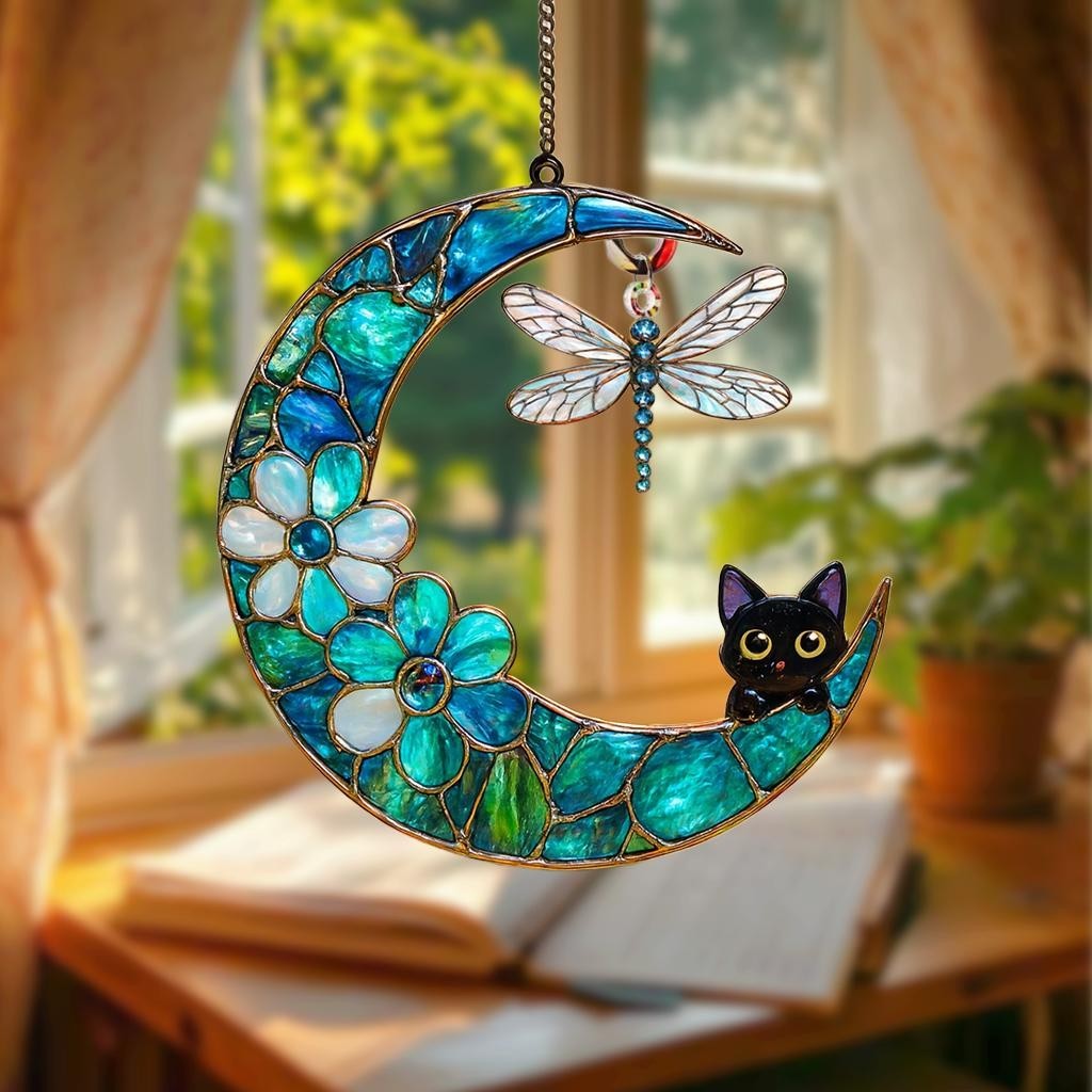 Dragonfly Moon Cat Faux Window Hanging, Acrylic Suncatcher Ornament,Garden Decor gallery