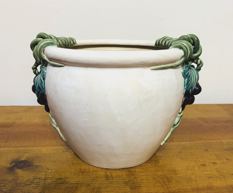 Tuscan Style Ceramic Heavy Planter Flower Pot w Grape Decor 8” t x 9” w gallery