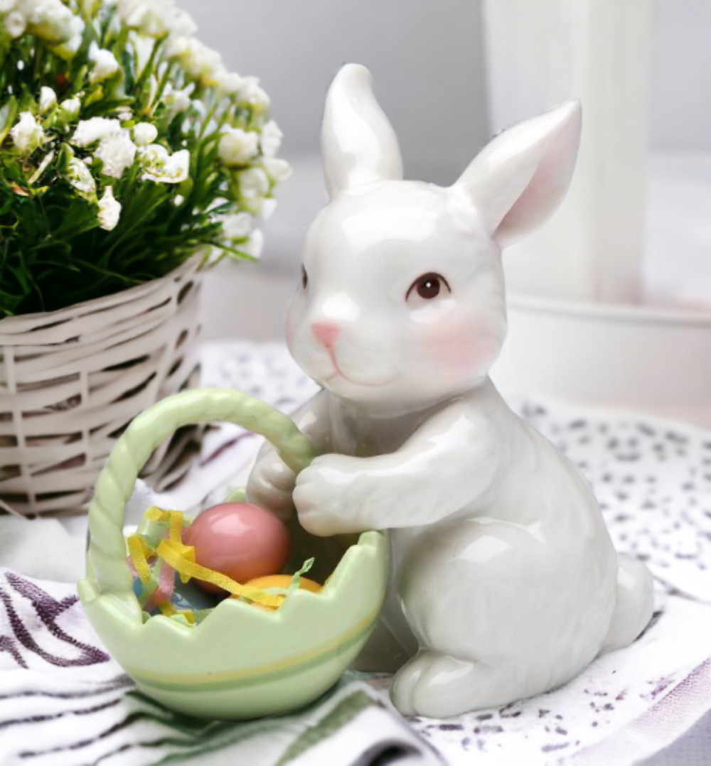 Ceramic Bunny Rabbit With Easter Egg Basket Figurine, Home Décor, Gift for Her, gallery
