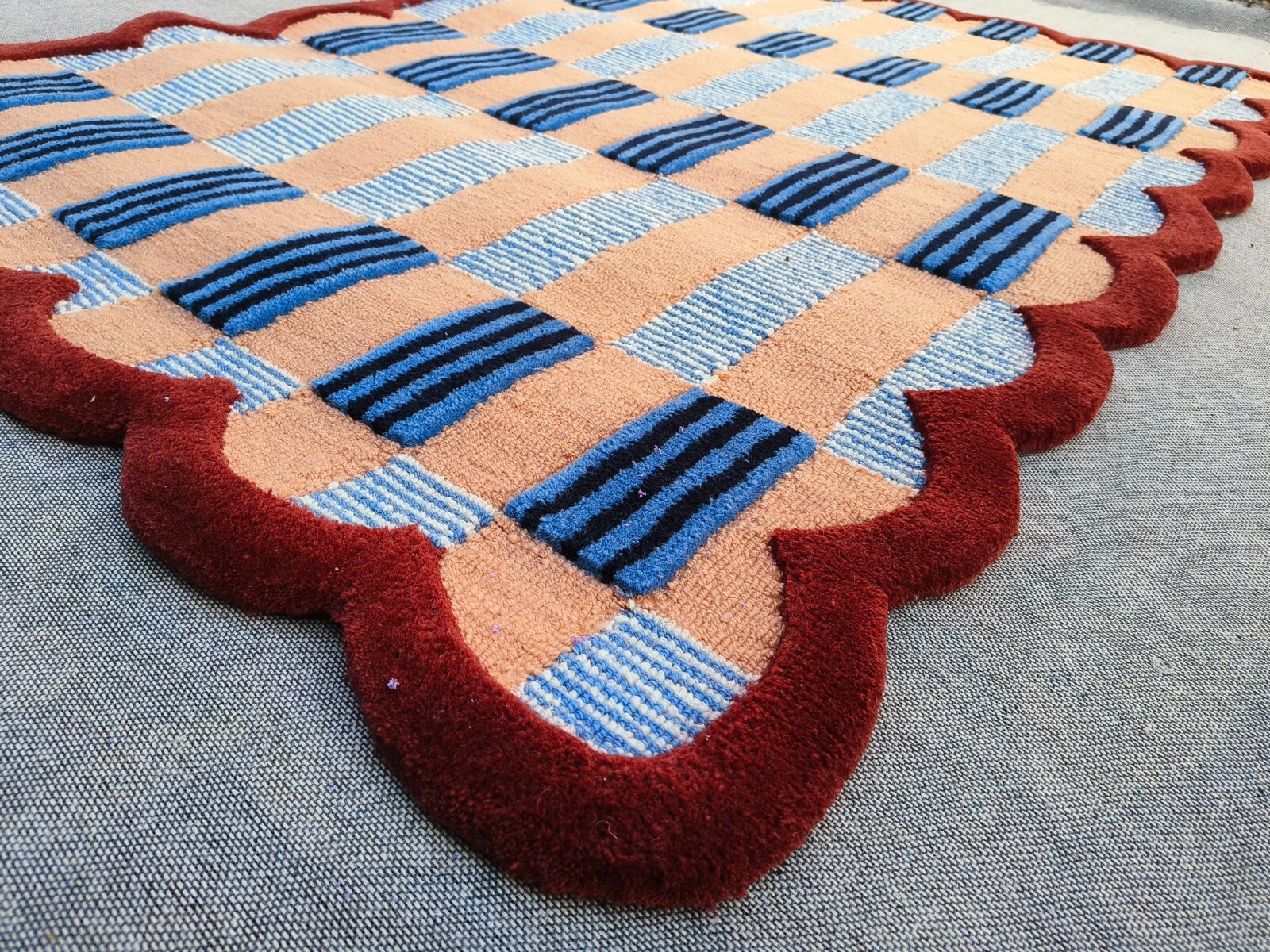 Handmade Checkered Wool Rug Blue Red | Scalloped Geometric Carpet Living Room gallery