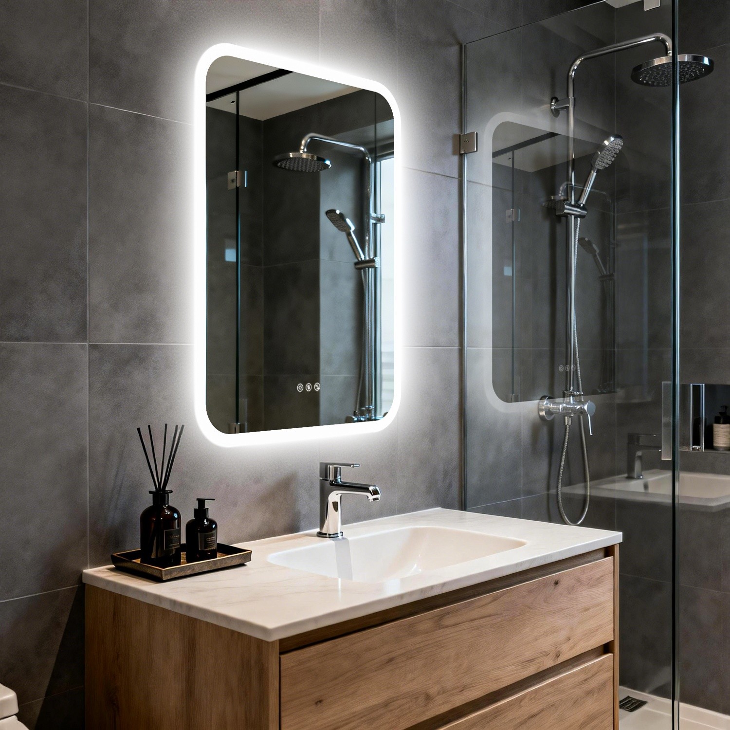 Rectangle LED Bathroom Mirror w/ Bluetooth Speaker Dimmable 3 Colors Wall Mirror gallery