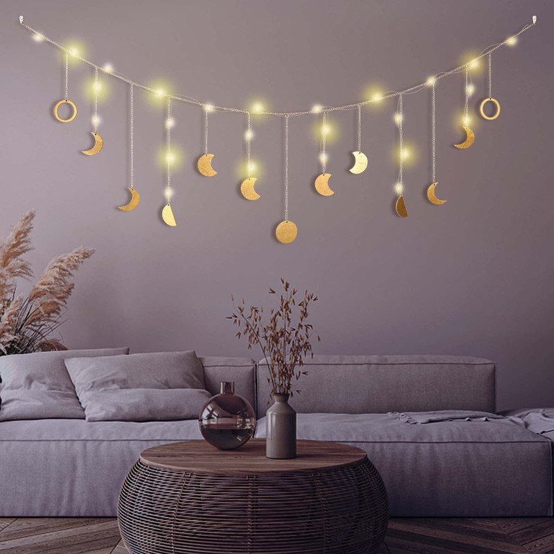 Moon Phase Wall Decor with LED String Light, 13 Gold Wood Boho Wall Hanging D... gallery