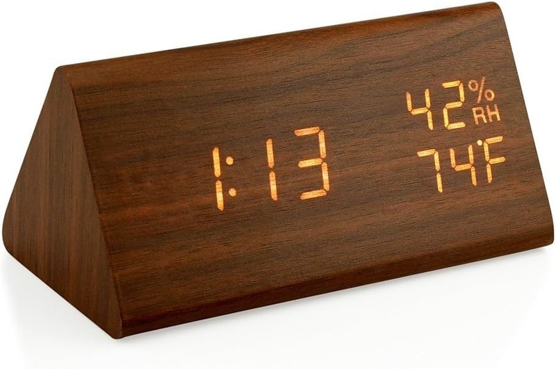 Compact Triangular LED Alarm Clock with Time, Temperature, and Humidity Readout gallery