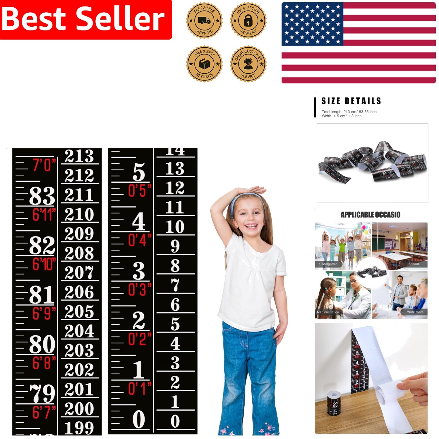Growth Chart Ruler Black Adhesive Height Indicator Tape Measure Decor gallery