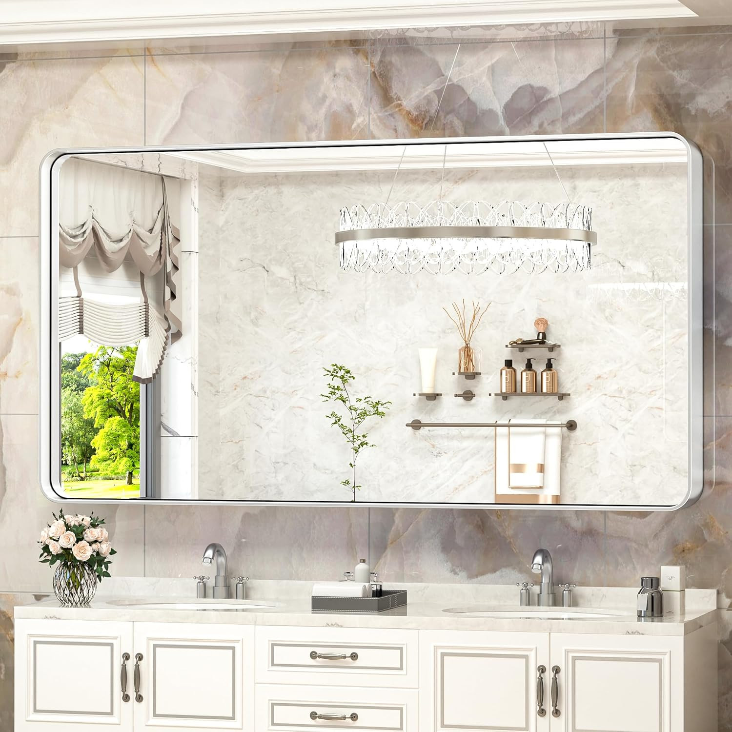 Brushed Silver 60x28 Inch Rectangular Wall Mirror for Bathroom & Home Decor gallery