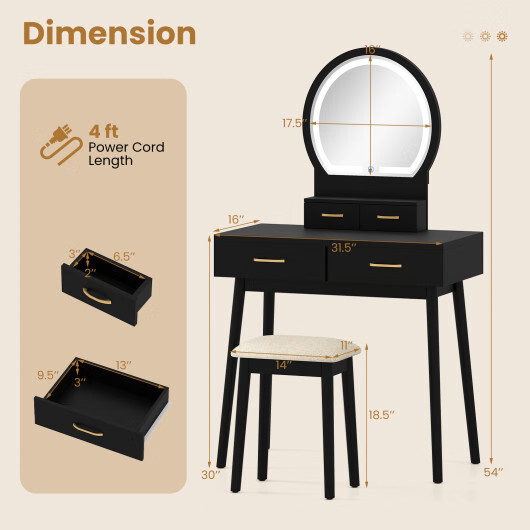 Small Vanity Makeup Dressing Table Set with Cushioned Stool and LED Lighted Mirr gallery