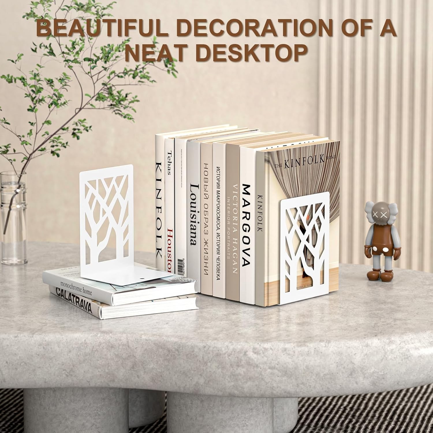 Withe Bookend 4-Piece, Tree Design Bookends for Shelves, Metal Book Ends for gallery
