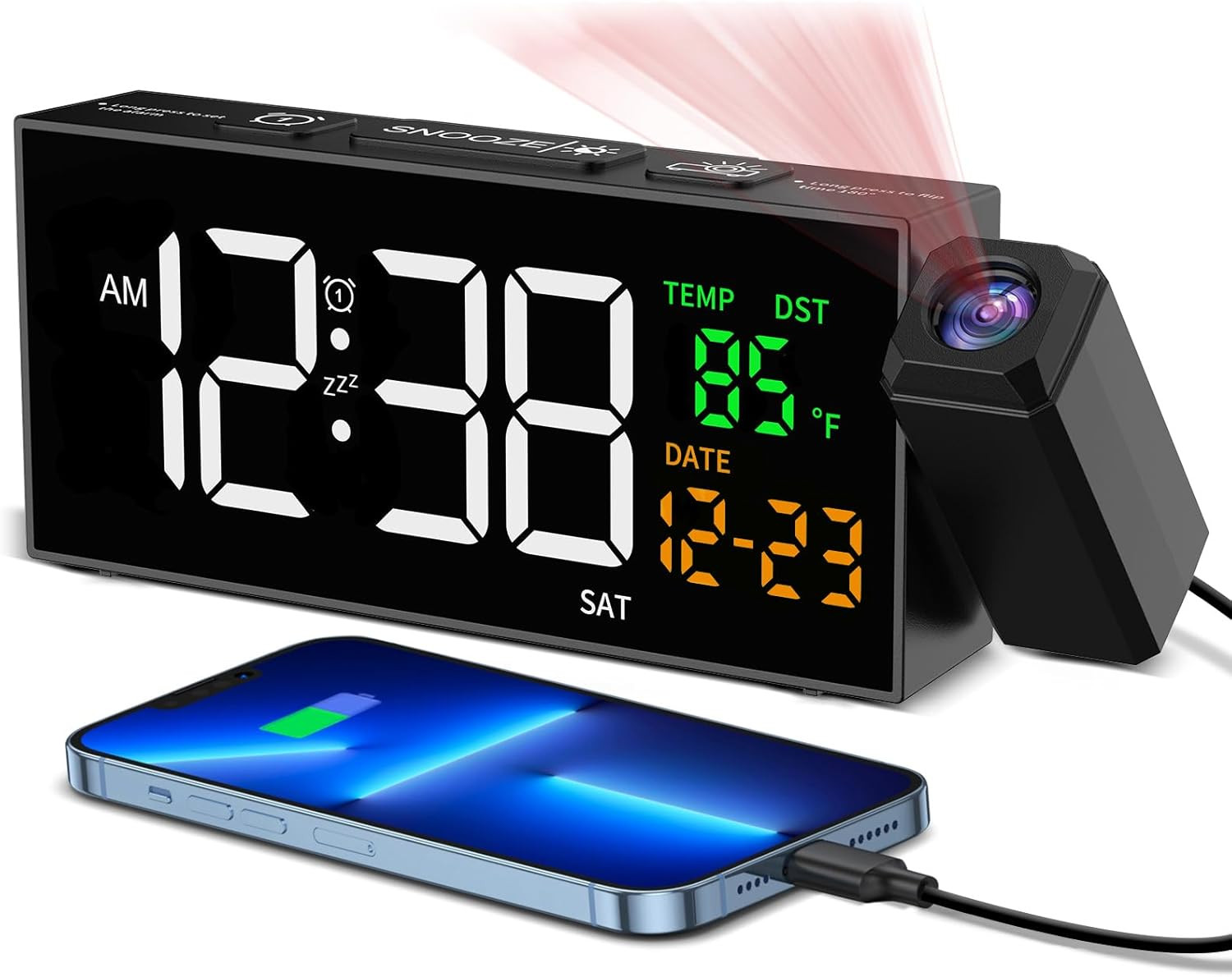 Projection Alarm Clock w Ceiling Projector 180° Rotatable Date Temp Snooze Black gallery