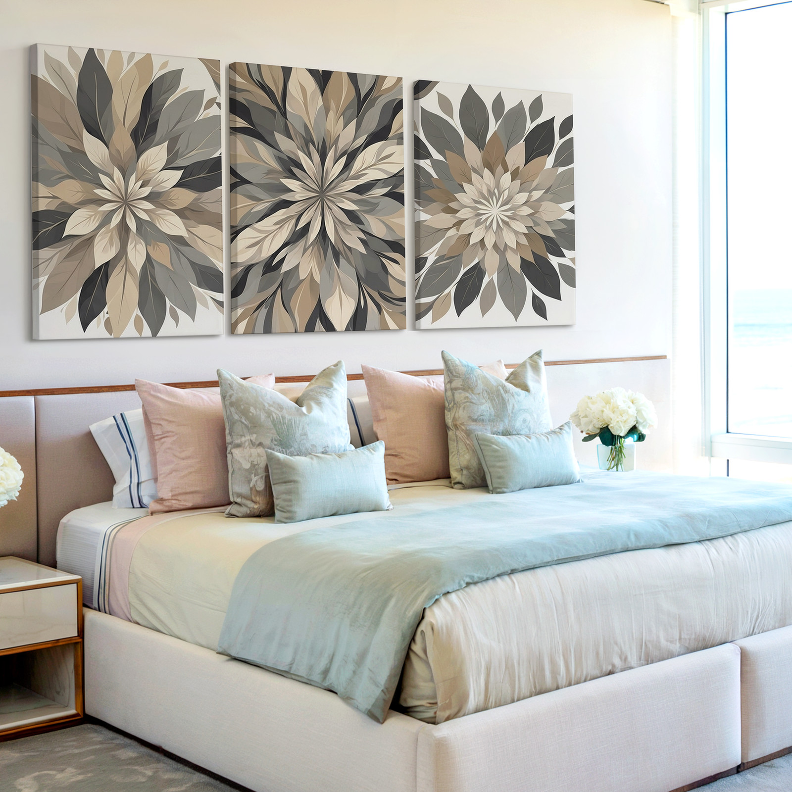 3 Pieces Abstract Floral Mandala Neutral Beige Gray Tones Large Wall Art Decor gallery