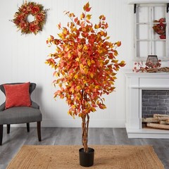 6’ Autumn Ficus Fall Artificial Tree w/natural Trunk Home Garden Decor.
