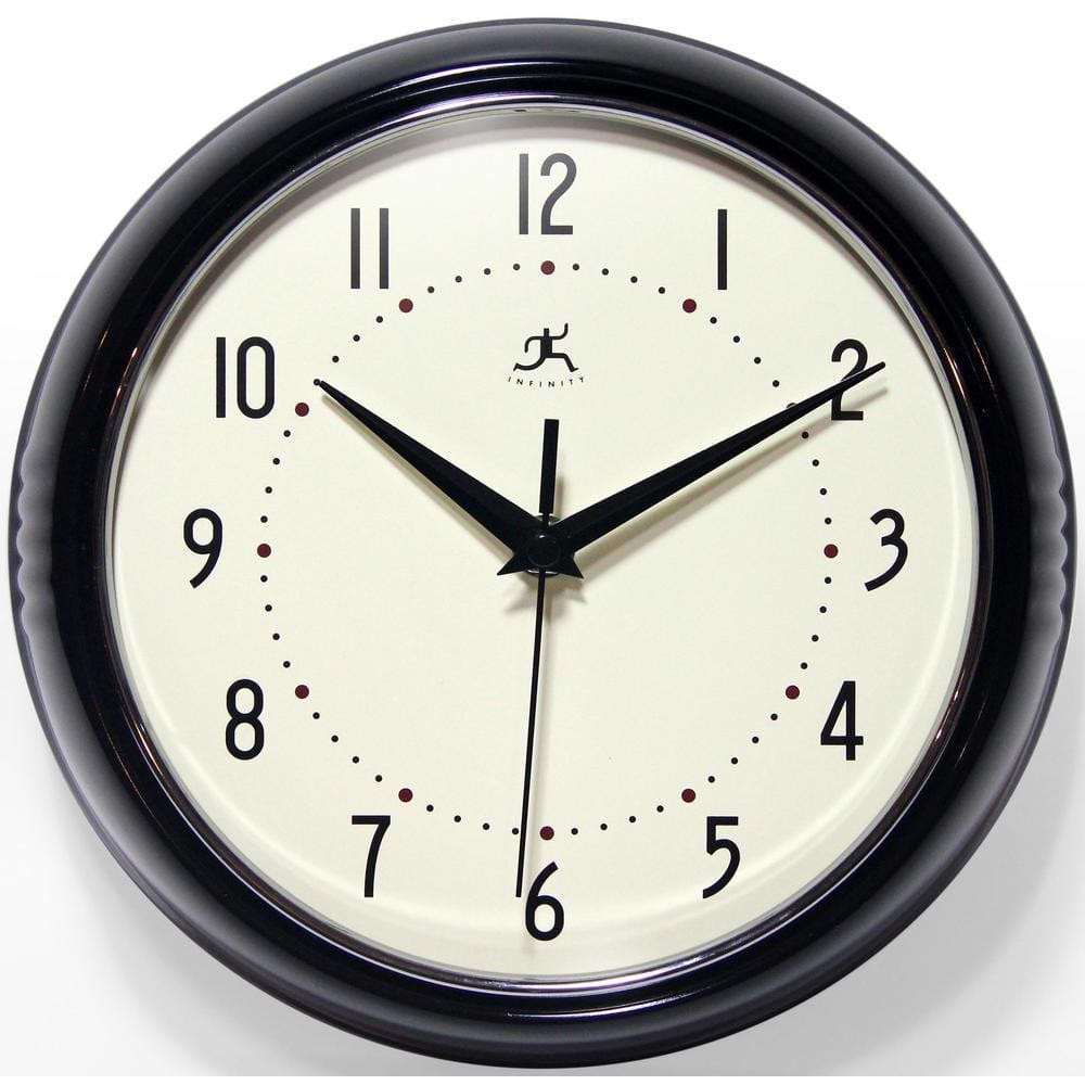Infinity Instruments Wall Clock Retro 9.5" Round Black Glass Face Silent Quartz