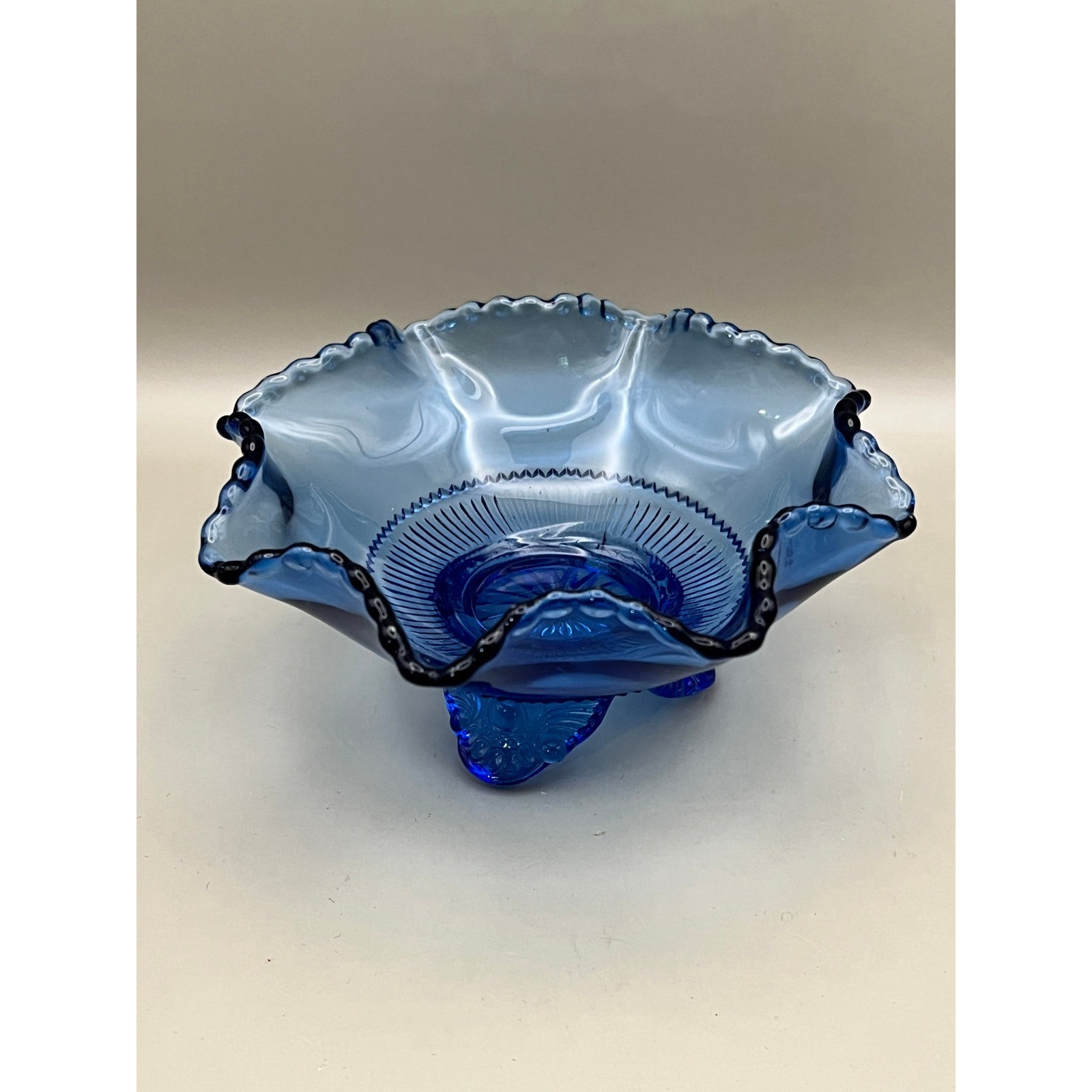 Vtg Cobalt Blue Glass Ruffled Footed Bowl Beaded Edge Candy Nut Dish 5.25" Decor gallery