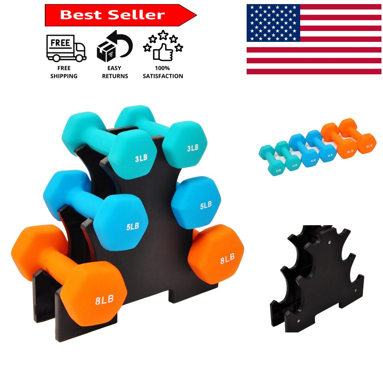Colored Neoprene Dumbbell Set with Stand - 3, 5, and 8 lbs for Home Training gallery