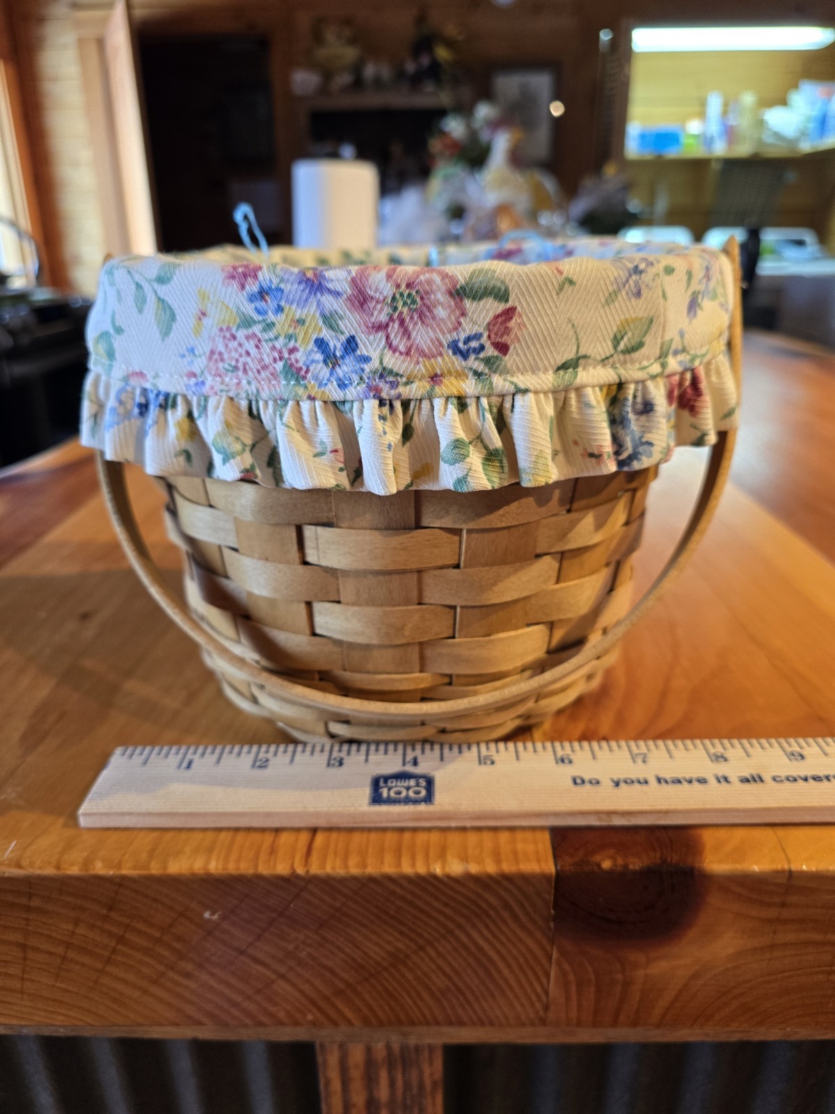 Small Round Beige Multicolor Wood Fabric Basket with Floral Liner and Handle gallery