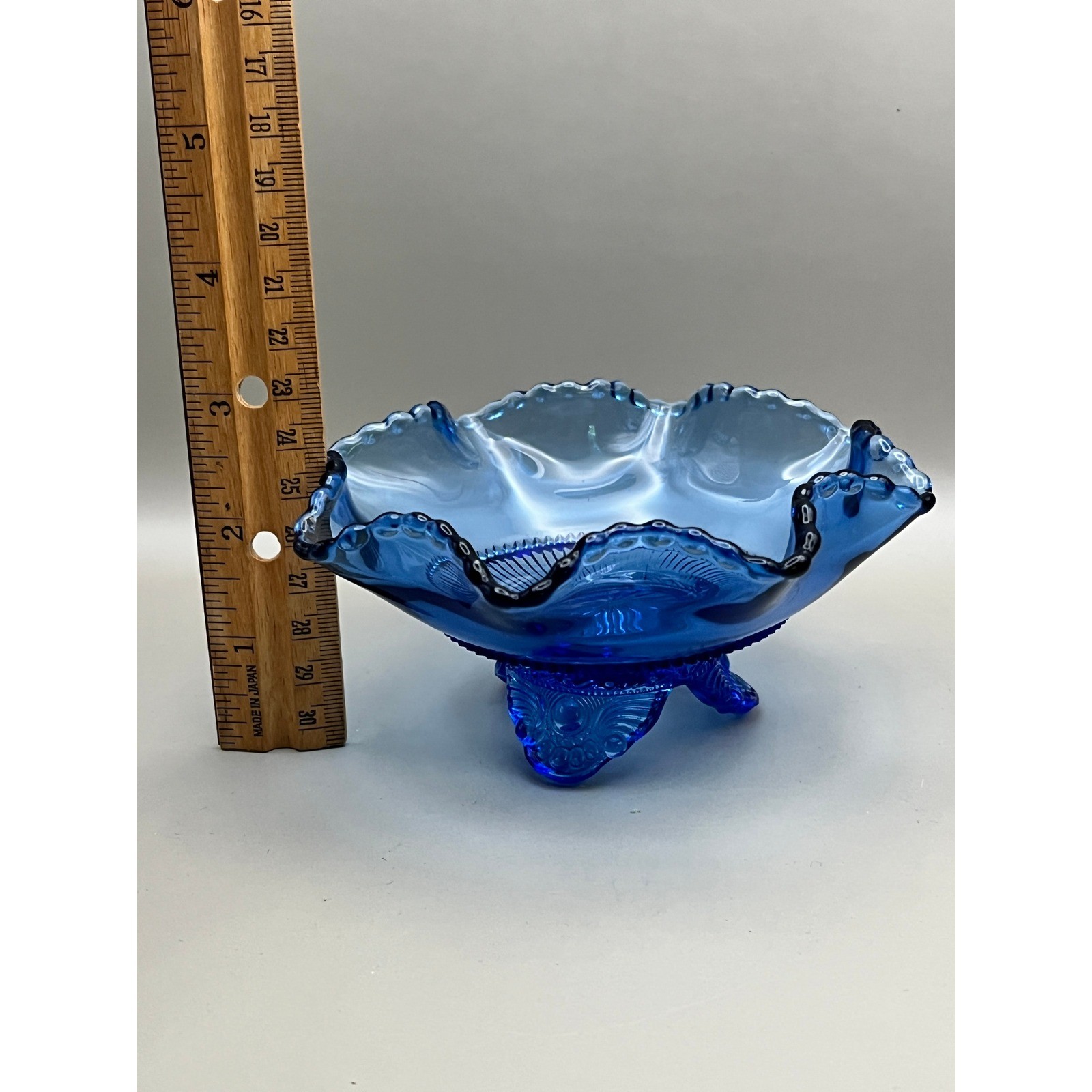 Vtg Cobalt Blue Glass Ruffled Footed Bowl Beaded Edge Candy Nut Dish 5.25" Decor gallery
