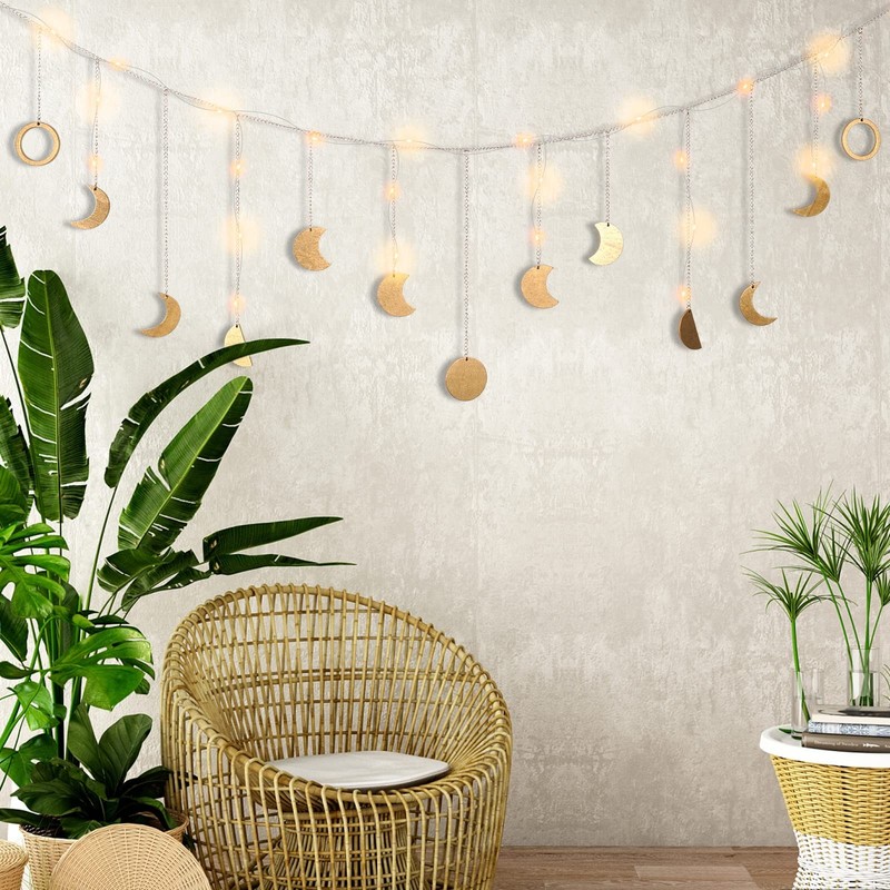 Moon Phase Wall Decor with String Light, 13 Gold Wood Boho Wall Hanging Decor... gallery