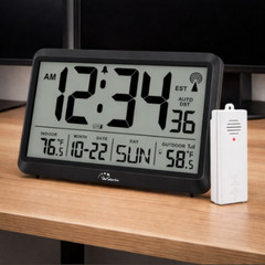 Digital Wall Clock with Self-Setting Time & Indoor/Outdoor Temperature, Auto DST