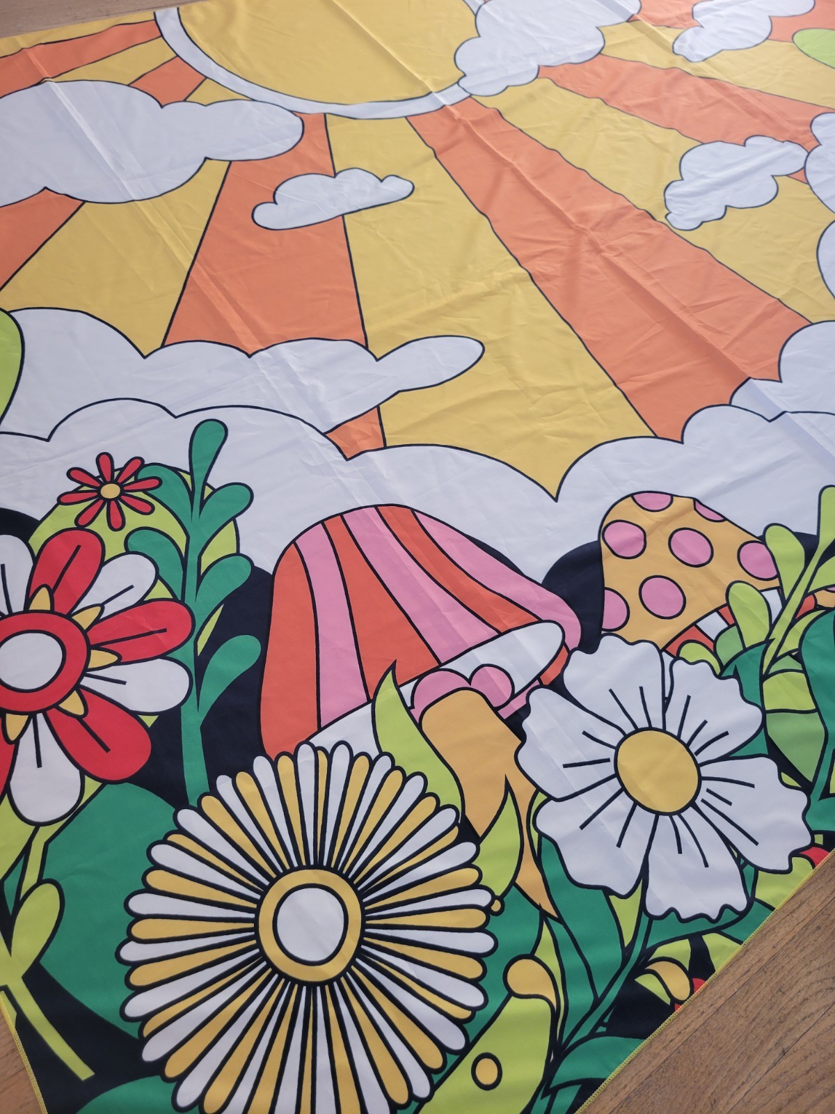 Polyester Fabric Mod Flower Power Bright Floral Mushroom Sun Sky Tapestry gallery