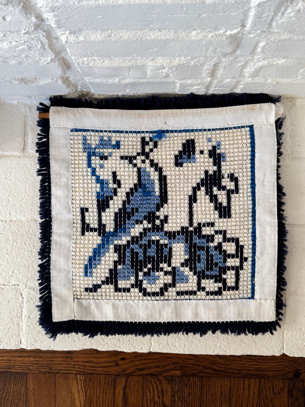 Handmade Tufted Wool Textile Wall Hanging Blue & White Folk Art Motif 15” gallery