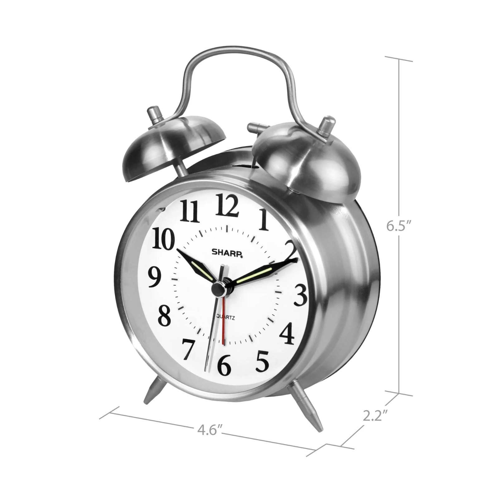 SHARP Twin Bell Quartz Analog Alarm Clock, Silver Brushed Metal, Loud Alarm, Bat gallery