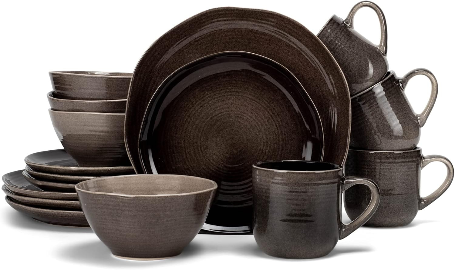 Rustic Boho 16-Piece Ceramic Dinnerware Set - Mocha Grey Ombre for 4 gallery