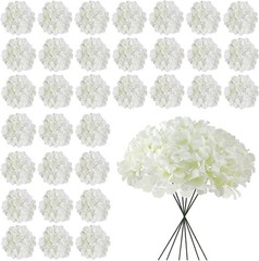 Bulk White Artificial Hydrangea Flowers, 30 Pcs Faux Silk Heads with Stems