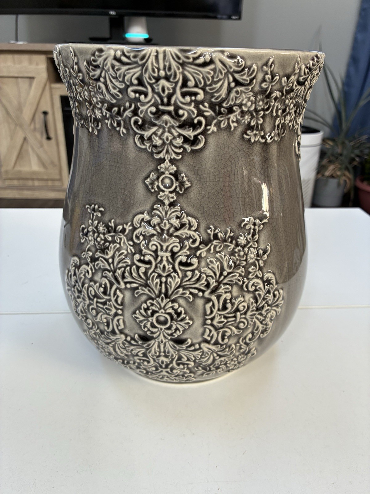 Large Gray Ceramic Vase Baroque Damask Relief Crackle Glaze Home Decor gallery