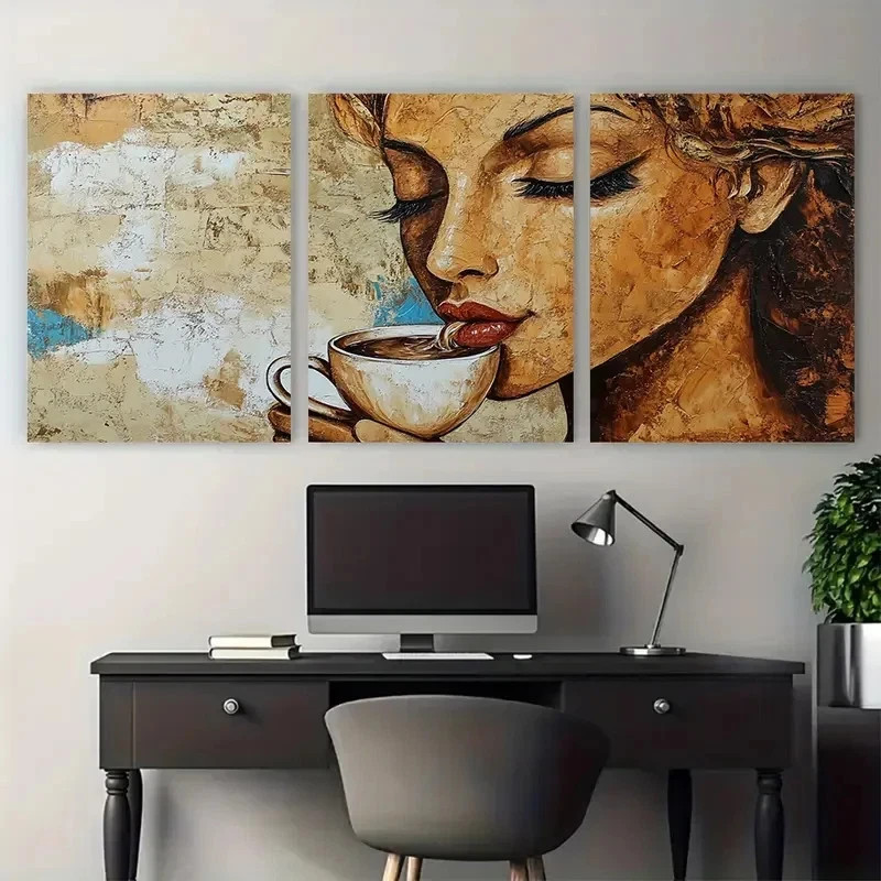 3pcs Abstract Lady Drinking Coffee Portrait Metal Print Ready to Hang Art gallery