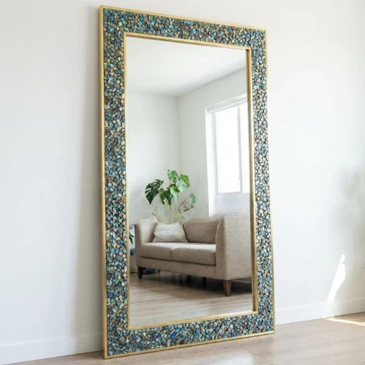 Labradorite Stone Wall Mirror | Handmade Gemstone Frame Luxury Decor gallery