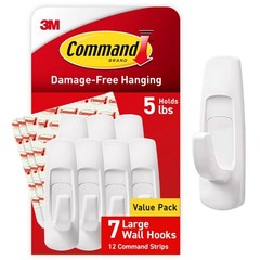 Command 5 lb Large Utility Hooks, 7 Wall Hooks and 12 Strips, 1 Pack, White