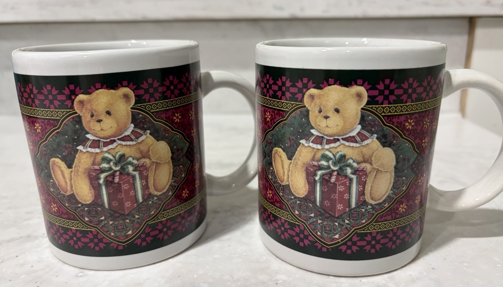 2 Cottagecore Teddy Bear & Quilt Pattern Mugs Hunter Green and Dark Mauve gallery