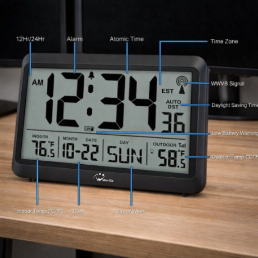 Digital Wall Clock with Self-Setting Time & Indoor/Outdoor Temperature, Auto DST gallery